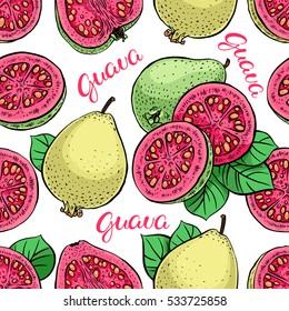 beautiful seamless pattern of delicious ripe guava. hand-drawn illustration