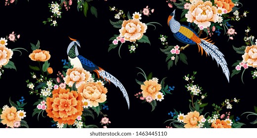 Beautiful seamless pattern with diamond pheasant sitting on peony branch with blooming sakura,plum and daisies for summer dress in Chinese style