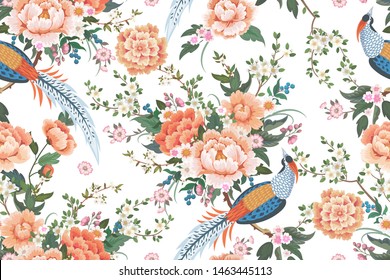 Beautiful seamless pattern with diamond pheasant sitting on peony branch with blooming sakura,plum and daisies for summer dress in Chinese style