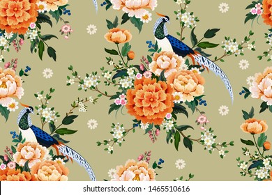 Beautiful seamless pattern with diamond pheasant sitting on peony branch with blooming sakura,plum and daisies for summer dress in Chinese style