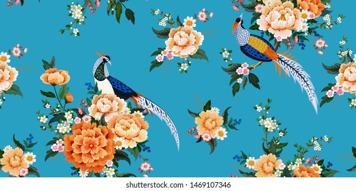 Beautiful seamless pattern with diamond pheasant sitting on peony branch with blooming sakura, plum and daisies for summer dress in Chinese style