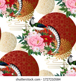 Beautiful seamless pattern with diamond pheasant sitting on peony branch with blooming sakura,plum and daisies for summer dress in Chinese style