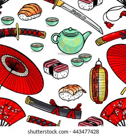 beautiful seamless pattern of different Japanese symbols. hand-drawn illustration