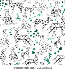 beautiful seamless pattern with dolmatian dogs, line art, paint drawing, pets