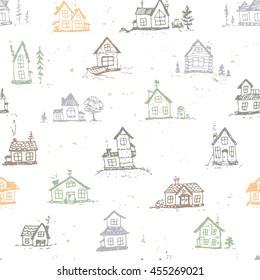 Beautiful seamless pattern with doodle houses. Hand drawn sketch. Stylish vector illustration