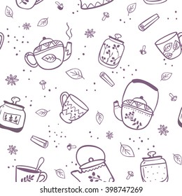 Beautiful seamless pattern with doodle of kettles and mugs. Stylish vector illustration