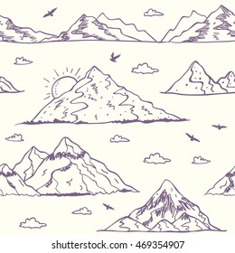 Beautiful seamless pattern with doodle mountains. Stylish vector illustration