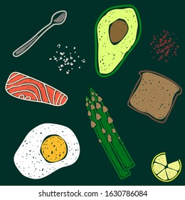 Beautiful seamless pattern in doodle style. Healthy breakfast with avocado, asparagus, egg, bread, salmon and lemon