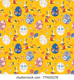 A beautiful seamless pattern with eggs and rabbits. Easter greeting card. Happy easter!