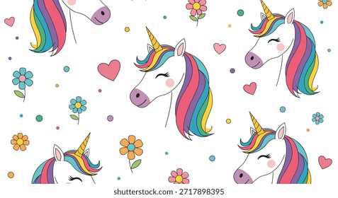 Beautiful seamless pattern with elegant unicorn heads, flowers, and hearts on a white background, ideal for girls fashion and accessories.