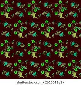 Beautiful seamless pattern of embroidered emerald green flowers, berries and leaves on a deep brown background. Fabric print. Floral embroidery.