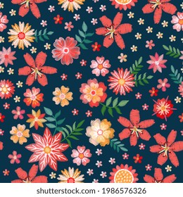 Beautiful seamless pattern with embroidered flowers. Colorful floral ornament. Vector design.  