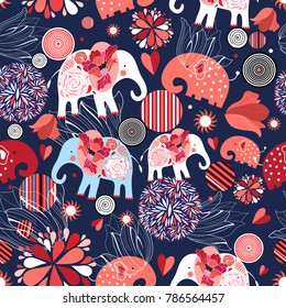 Beautiful seamless pattern enamored elephants on a dark ornamental background