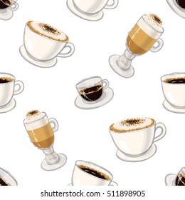 Beautiful seamless pattern with espresso, americano, cappuccino, macchiato for cafe or coffee-shops. Inspired by variety of coffee beverages. Vector background with isolated elements on white backdrop
