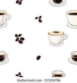Beautiful seamless pattern with espresso, americano, cappuccino, coffee beans for cafe or shops. Inspired by variety of coffee beverages. Vector background with isolated elements on white backdrop.