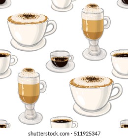 Beautiful seamless pattern with espresso, americano, cappuccino, macchiato for cafe or coffee-shops. Inspired by variety of coffee beverages. Vector background with isolated elements on white backdrop