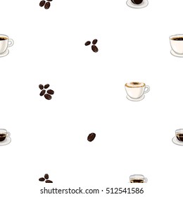 Beautiful seamless pattern with espresso, americano, cappuccino, beans for cafe or coffee-shops. Inspired by variety of coffee beverages. Vector background with isolated elements on white backdrop.