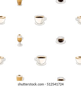 Beautiful seamless pattern with espresso, americano, cappuccino, macchiato, latte for cafe. Inspired by variety of coffee beverages. Vector background with isolated elements on white backdrop.