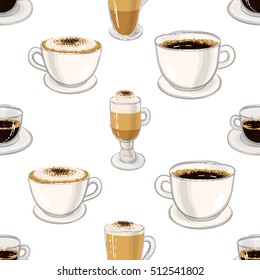 Beautiful seamless pattern with espresso, americano, cappuccino, macchiato, latte for cafe or coffee-shops. Inspired by variety of coffee beverages. Vector background.
