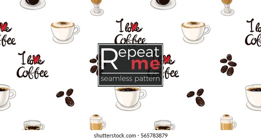 Beautiful seamless pattern with espresso, americano, cappuccino, macchiato, coffee beans for cafe. Inspired by coffee beverages. Vector background on white backdrop.