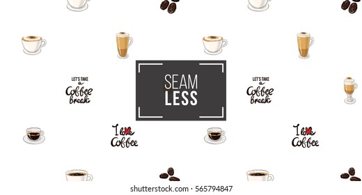 Beautiful seamless pattern with espresso, americano, cappuccino, macchiato, latte, coffee beans. Inspired by coffee beverages.