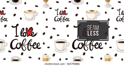 Beautiful seamless pattern with espresso, americano, cappuccino, macchiato, coffee beans for cafe. Inspired by coffee beverages. Vector background on white backdrop.