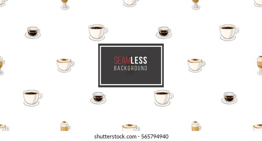 Beautiful seamless pattern with espresso, americano, cappuccino, macchiato for cafe or coffee-shops. Inspired by coffee beverages. Vector background with isolated elements on white backdrop.