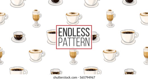 Beautiful seamless pattern with espresso, americano, cappuccino, macchiato for cafe or coffee-shops. Inspired by coffee beverages. Vector background with isolated elements on white backdrop.