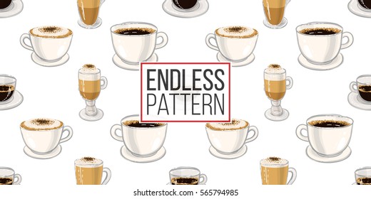 Beautiful seamless pattern with espresso, americano, cappuccino, macchiato, latte for cafe or coffee-shops. Inspired by coffee beverages. Vector background with isolated elements on white backdrop.
