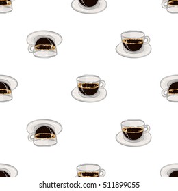 Beautiful seamless pattern with espresso for cafe or coffee-shops. Inspired by variety of coffee beverages. Vector background with isolated elements on white backdrop.