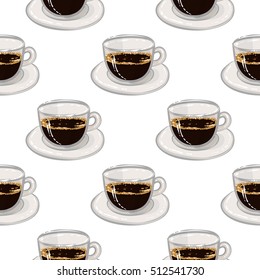Beautiful seamless pattern with espresso for cafe or coffee-shops. Inspired by variety of coffee beverages. Vector background with isolated elements on white backdrop.
