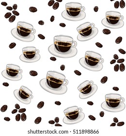 Beautiful seamless pattern with espresso and coffee beans for cafe or coffee-shops. Inspired by variety of coffee beverages. Vector background with isolated elements on white backdrop.