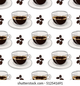 Beautiful seamless pattern with espresso and coffee beans for cafe or coffee-shops. Inspired by variety of coffee beverages. Vector background with isolated elements on white backdrop.