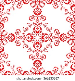 Beautiful seamless pattern with ethnic red flowers. Abstract wallpaper with the national (Ukrainian) ornamental elements. Floral background in vector. Elegant oriental design in vector
