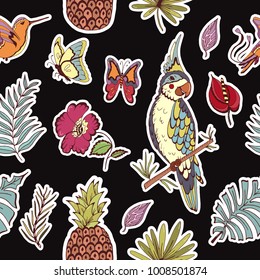 Beautiful seamless pattern Exotic stickers tropical birds illustrated floral of parrots, and hummingbird, pineapple background vector set.