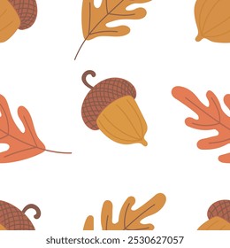 Beautiful seamless pattern with falling oak leaves and acorns in brown, yellow and orange colors isolated on white background. Hand drawn vector flat colored illustration. Autumn texture