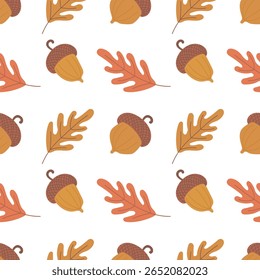 Bonito padrão sem emenda com folhas de carvalho caindo e bolotas em cores marrom, amarelo e laranja isolados no fundo branco. Ilustração de cor plana vetor desenhada à mão. Textura de outono
