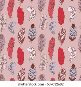 Beautiful seamless pattern with feathers in boho style. Sketch vector illustration. Native American, ethnic background