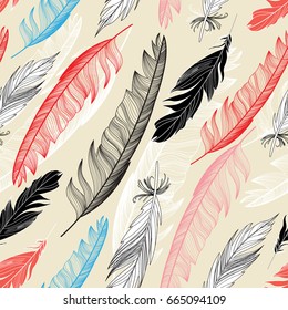 Beautiful seamless pattern with feathers on a light background