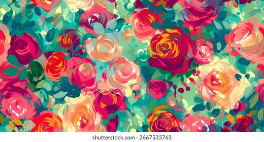 Beautiful seamless pattern features a variety of watercolor flowers in vivid colors, perfect for creating a lively background. Ideal for textile design or digital projects requiring floral aesthetics