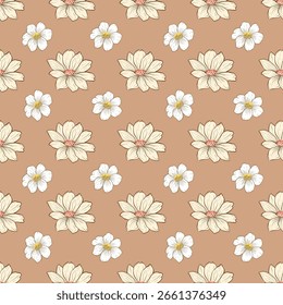 Beautiful seamless pattern featuring beige and white flowers on a light brown background. Designed in a vintage style, perfect for various design projects like wallpapers, packaging, textiles