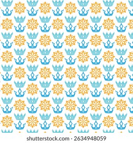 Beautiful seamless pattern featuring crowns and floral elements in a delightful color palette