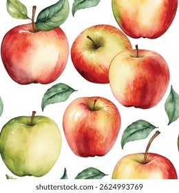 Beautiful seamless pattern featuring hand-painted watercolor apples in red, green, and yellow with leaves. Fresh and vibrant design.