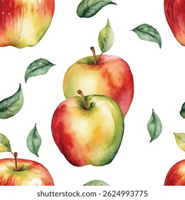  Bonito padrão sem emenda com maçãs de aquarela pintadas à mão em vermelho, verde e amarelo com folhas. Design novo e vibrante.