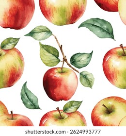  Beautiful seamless pattern featuring hand-painted watercolor apples in red, green, and yellow with leaves. Fresh and vibrant design.