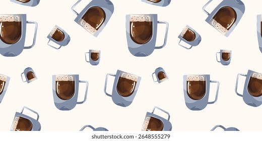A beautiful seamless pattern featuring large, voluminous glass mugs filled with brewed coffee, illustrated in a vector style. Perfect for use in design and print materials.