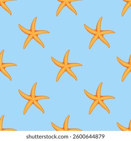 A beautiful, seamless pattern featuring starfish on a lovely blue background