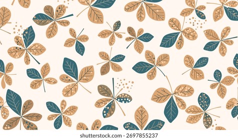 A beautiful seamless pattern featuring stylized autumn leaves in warm beige and cool teal tones on a light background, perfect for seasonal designs.