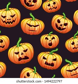 
Beautiful seamless pattern with festive Halloween pumpkins. Jack orange lantern drawn with carved faces. For the design of a web banner, invitation, cover, packaging, gift. All Saints' Day. the icons