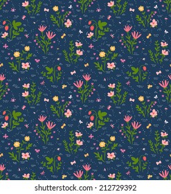 Beautiful seamless pattern with field flowers, strawberry and butterflies